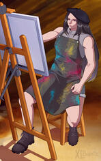 Testament (from Guilty Gear) sitting on a stool wearing a beret, a sleeveless collared shirt, hot pants, ankle high tactical boots, and an apron covered in paint stains. While painting on a canvas on an easel.