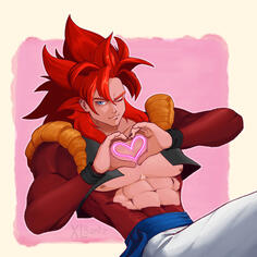 Super Saiyan 4 Gogeta winking at the viewer with a mischievous expression while making a heart with his hands.